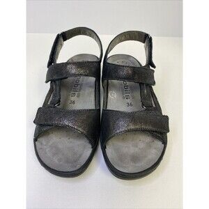 Mephisto Jasmine Mobils Wedge Sandal Shimmer Black Open Toe Slingback US 6 EU 36